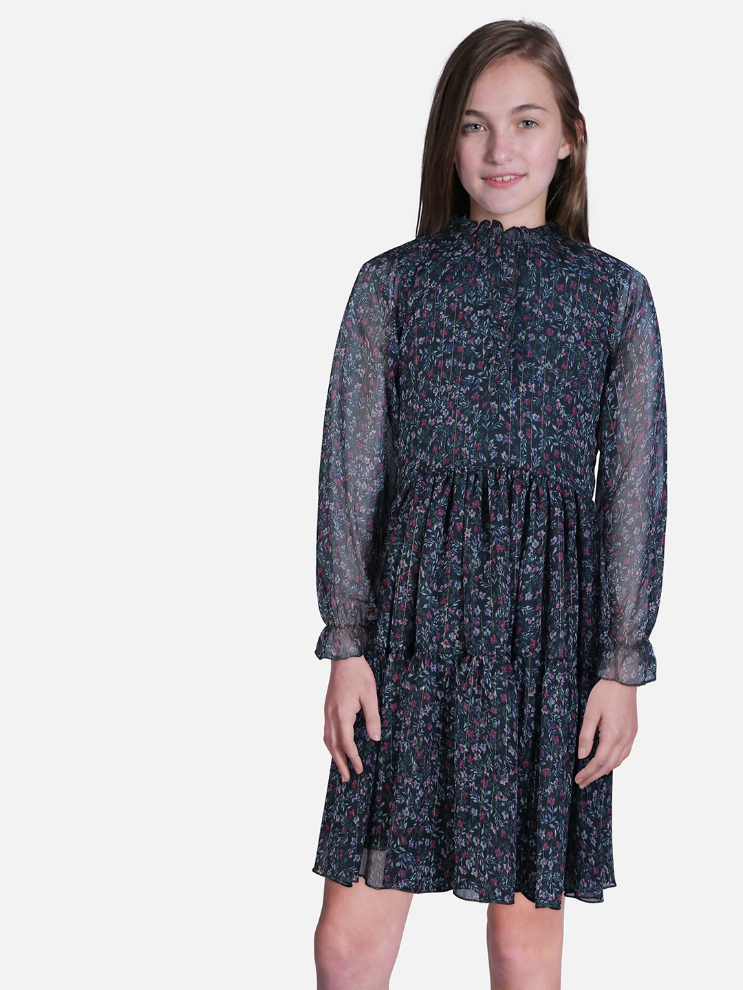 

Gini and Jony Floral Printed Puff Sleeves Fit & Flared Dress, Black