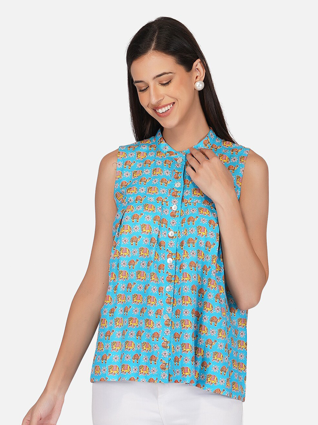 

KALINI Ethnic Motifs Printed Pure Cotton A-Line Top, Blue