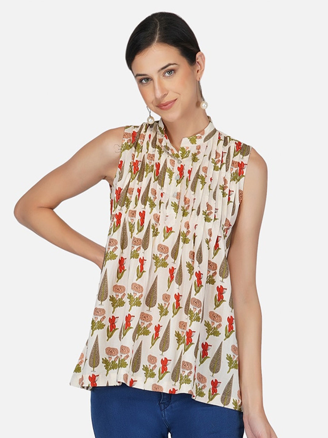 

KALINI Floral Printed Pure Cotton A-Line Top, Cream
