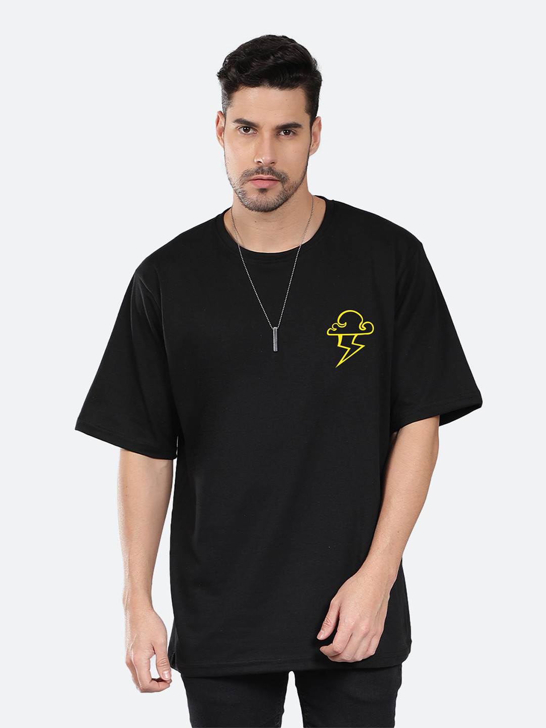 

Mad Over Print Graphic Printed Drop-Shoulder Sleeves Cotton Oversized T-Shirt, Black