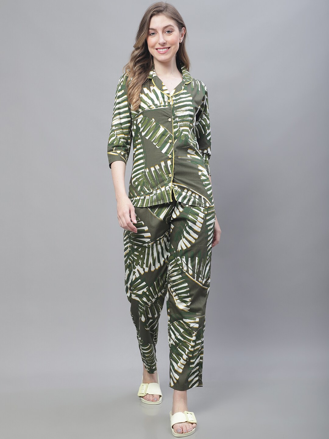 

TAG 7 Tropical Printed Pure Cotton Night Suit, Olive