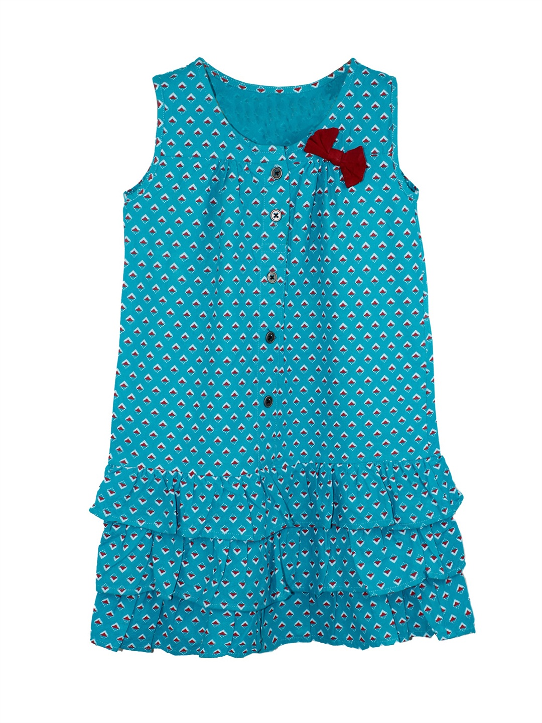 

KiddoPanti Girls Geometric Printed Layered Details Cotton A-Line Dress, Blue