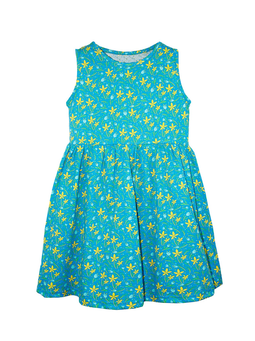

KiddoPanti Girls Floral Printed Sleeveless Cotton A-Line Dress, Turquoise blue