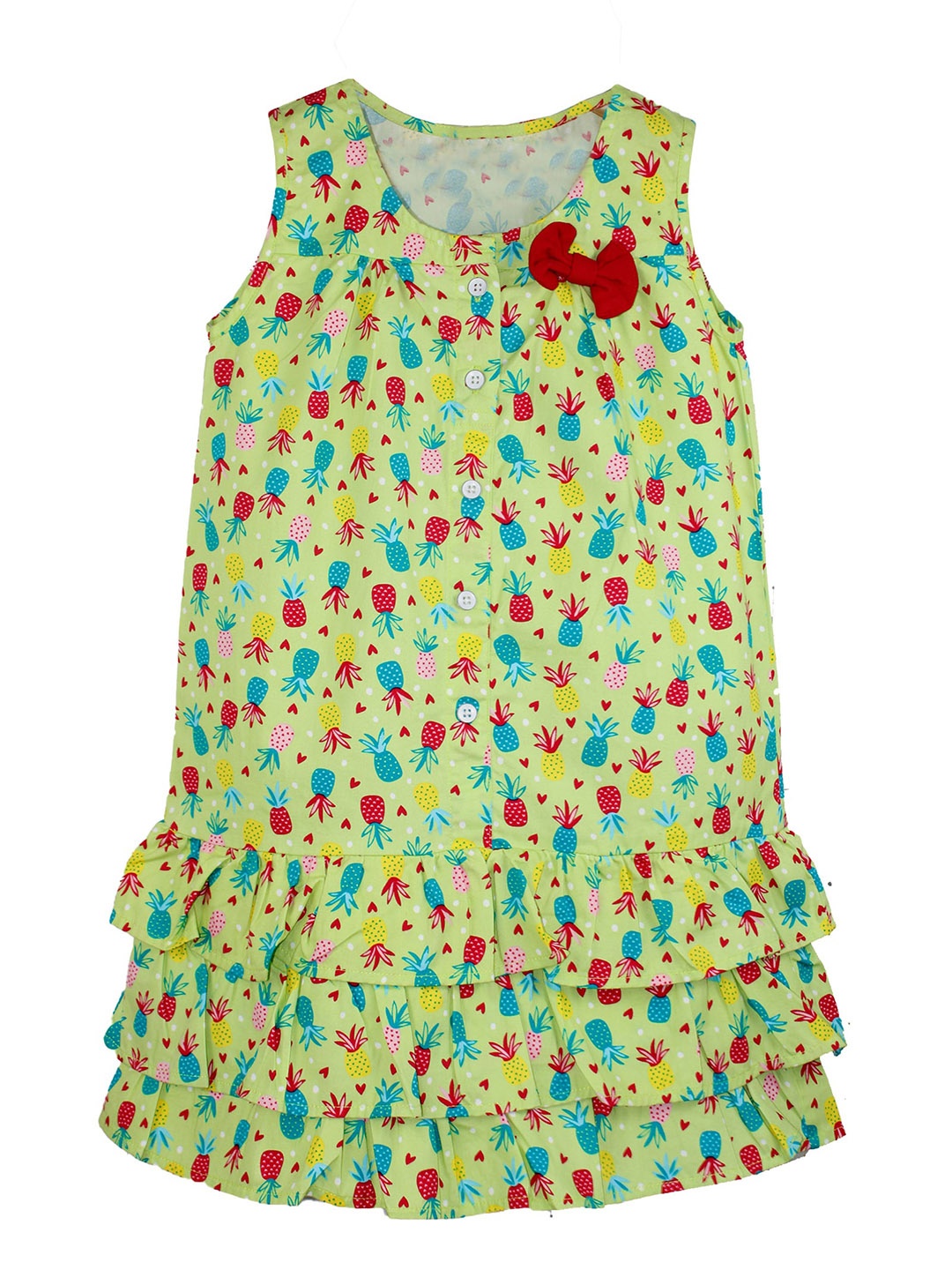

KiddoPanti Girls Conversational Printed Layered Sleeveless Cotton A-Line Dress, Green