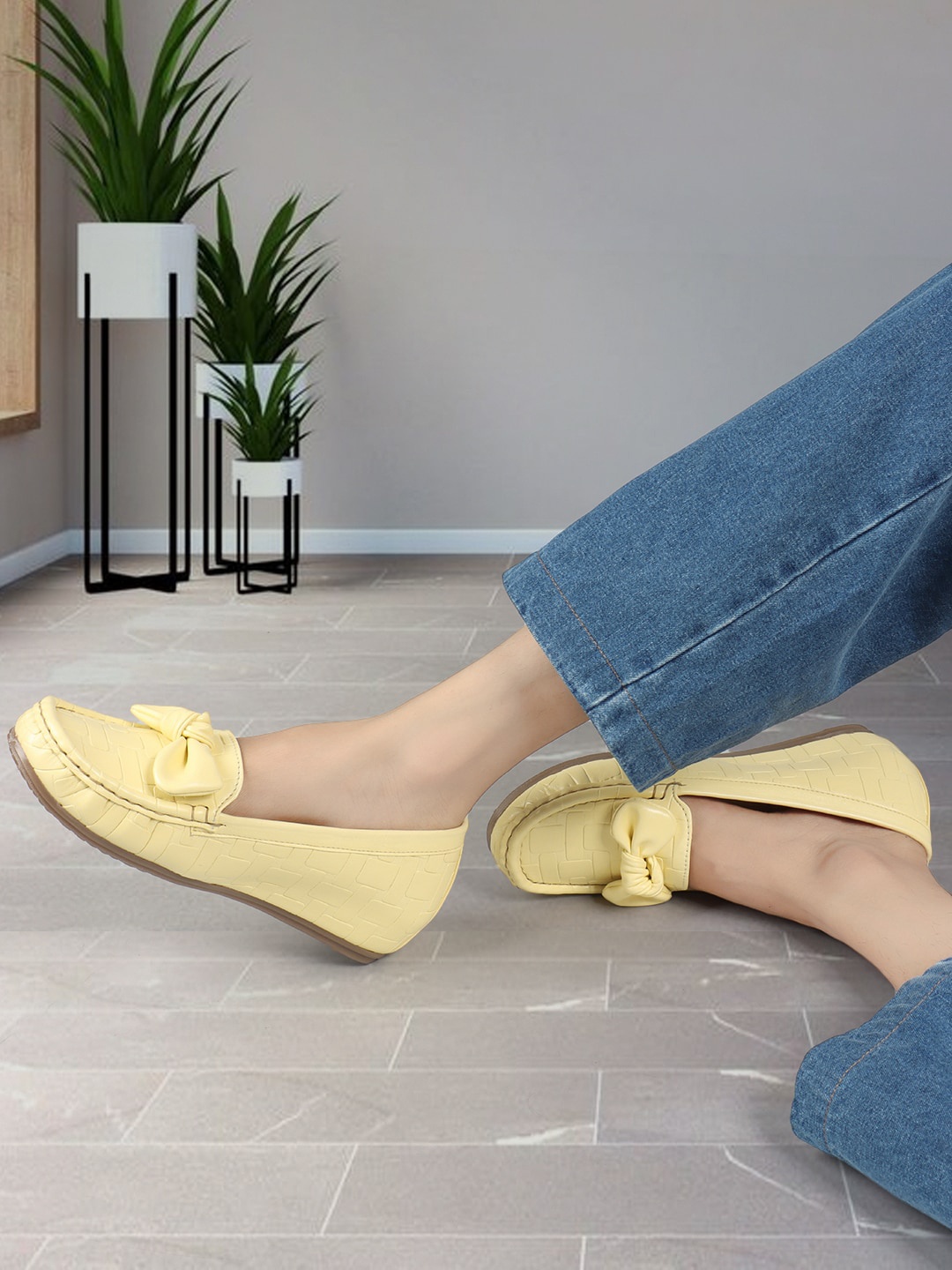 

ELLE Women Textured Comfort Insole Lightweight Penny Loafers With Bows, Yellow