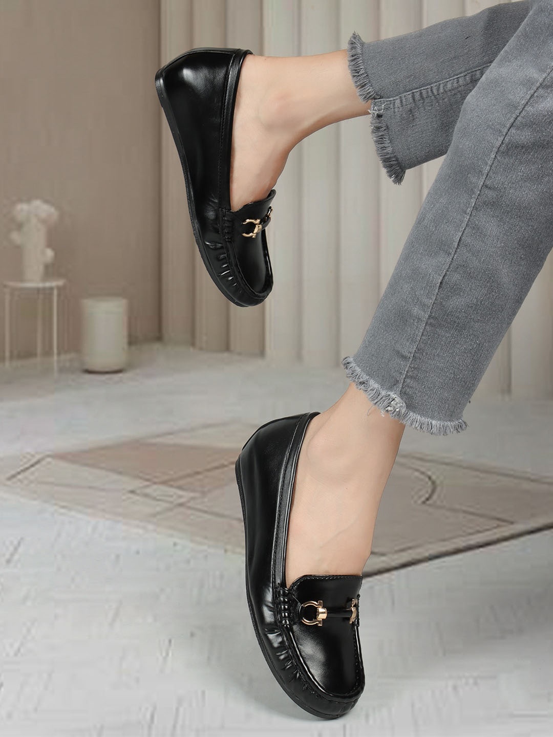 

ELLE Women Embellished Comfort Insole Lightweight Horsebit Loafers, Black