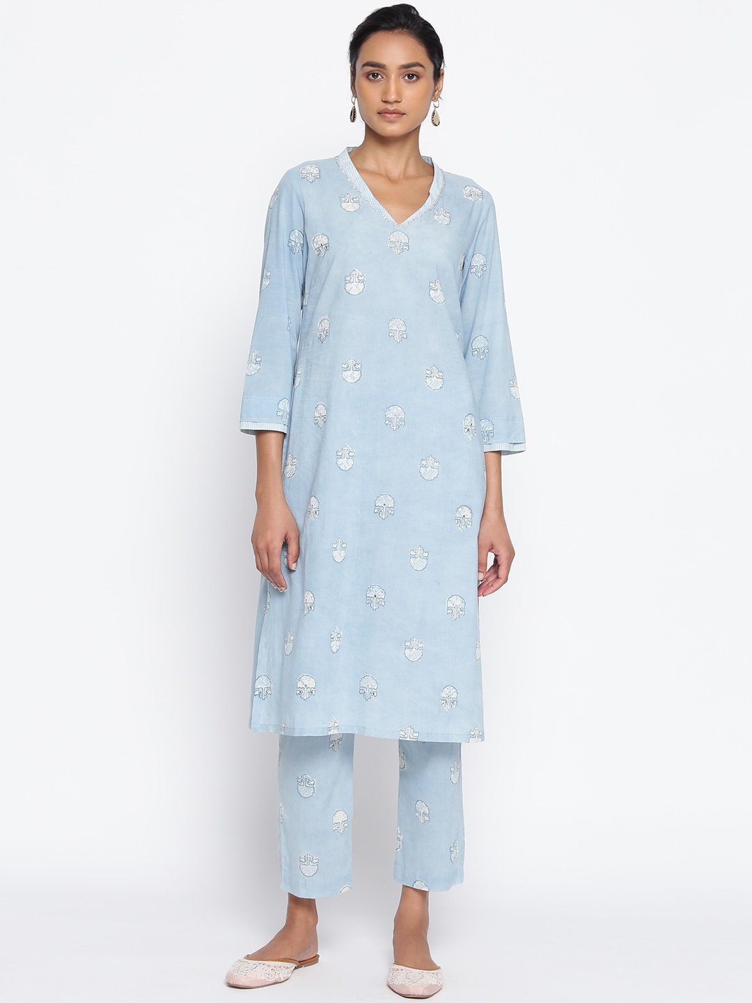 

W The Folksong Collection Printed V-Neck Cotton Straight Kurta, Blue