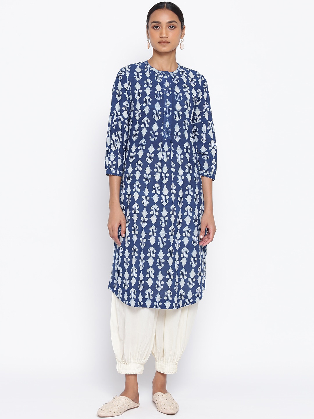 

W The Folksong Collection Ethnic Motifs Printed Pure Cotton Kurta, Blue