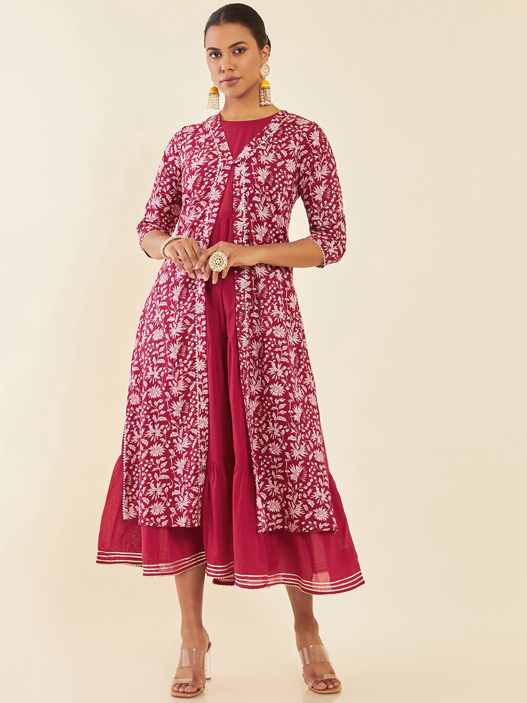 

Soch Red Round Neck Cotton Fit and Flare Midi Ethnic Dress With Tiered Jacket
