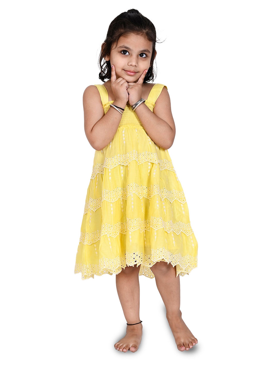 

Creative Kids Girls Geometric Embroidered Layered Cotton Fit & Flare Dress, Yellow