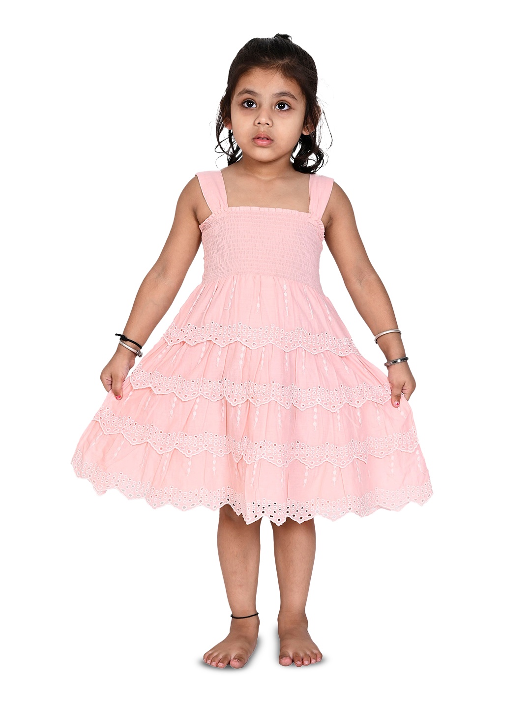 

Creative Kids Girls Geometric Embroidered Cotton Layered Fit & Flare Dress, Pink