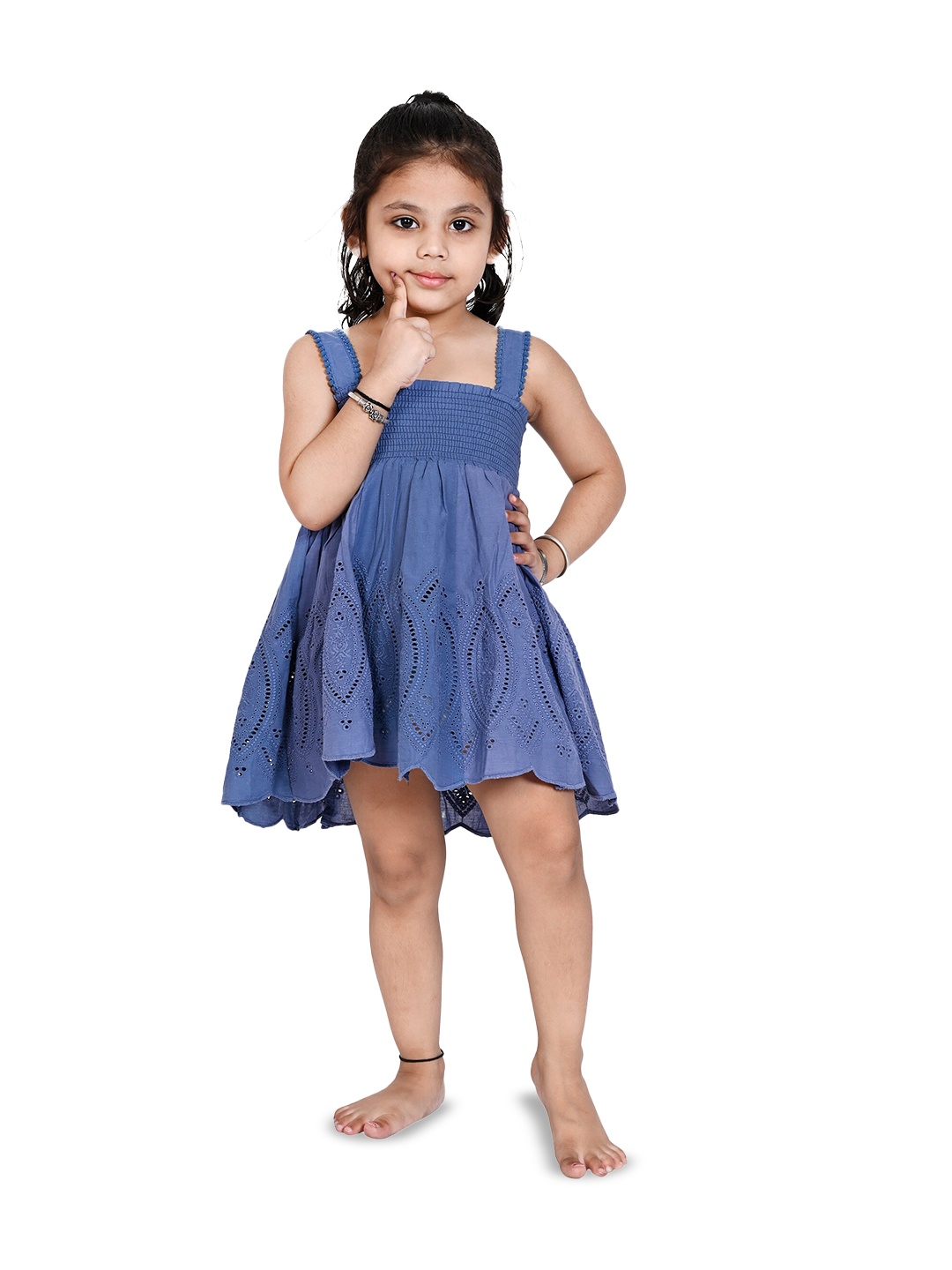 

Creative Kids Girls Shoulder Strap Smocked Cotton Fit & Flare Dress, Navy blue