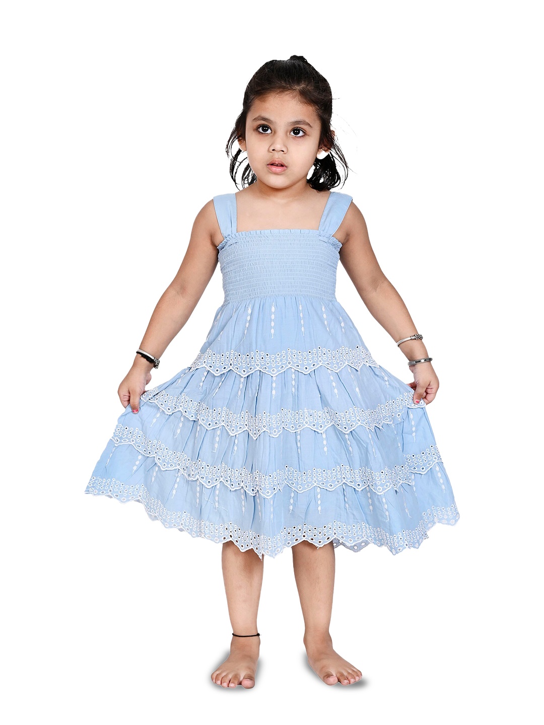 

Creative Kids Girls Geometric Embroidered Cotton Layered Fit & Flare Dress, Turquoise blue