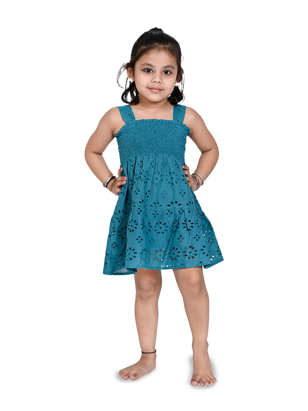 

Creative Kids Girls Shoulder Strap Smocked Cotton Fit & Flare Dress, Teal