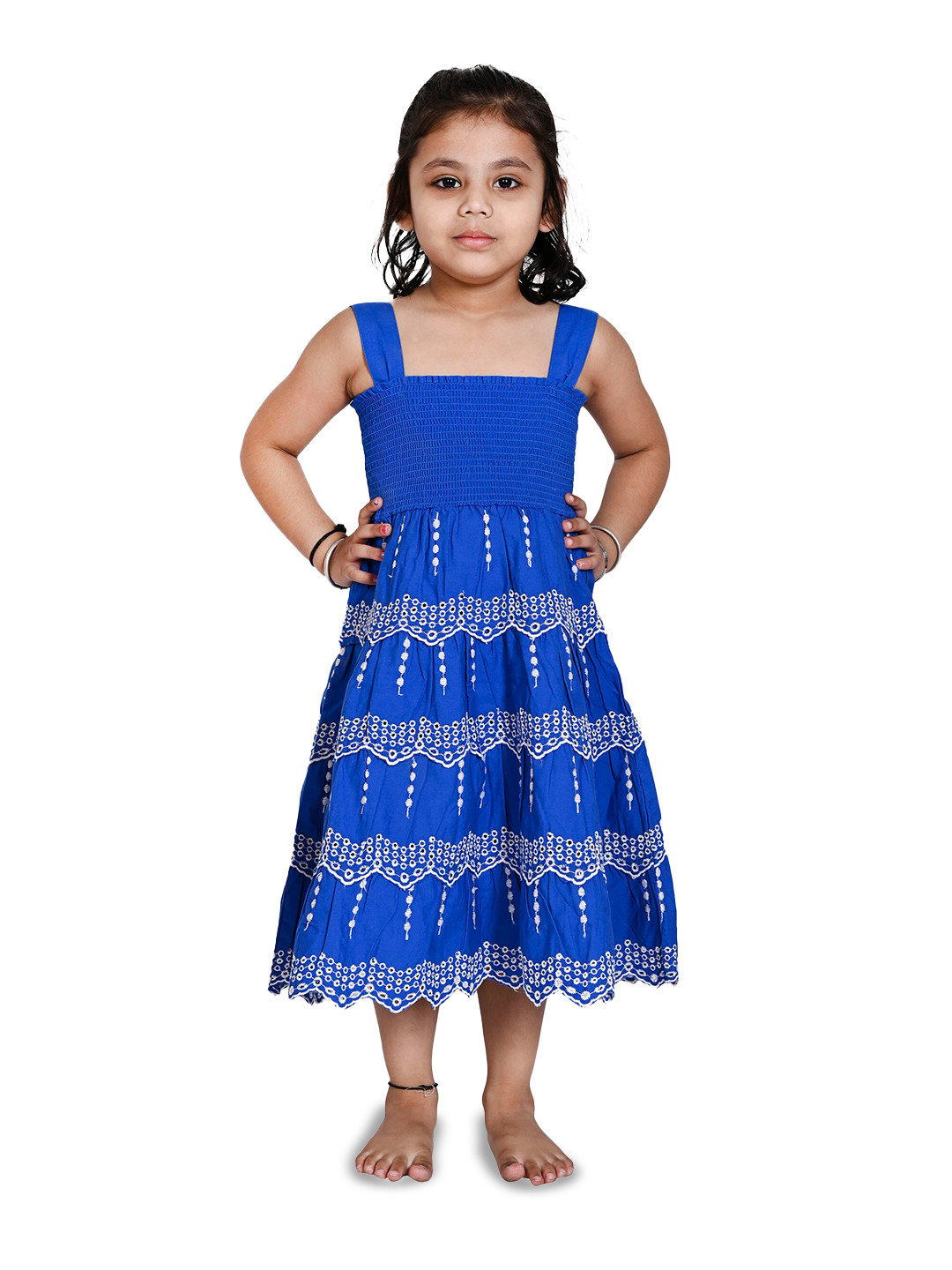 

Creative Kids Girls Geometric Embroidered Cotton Layered Midi Fit & Flare Dress, Blue