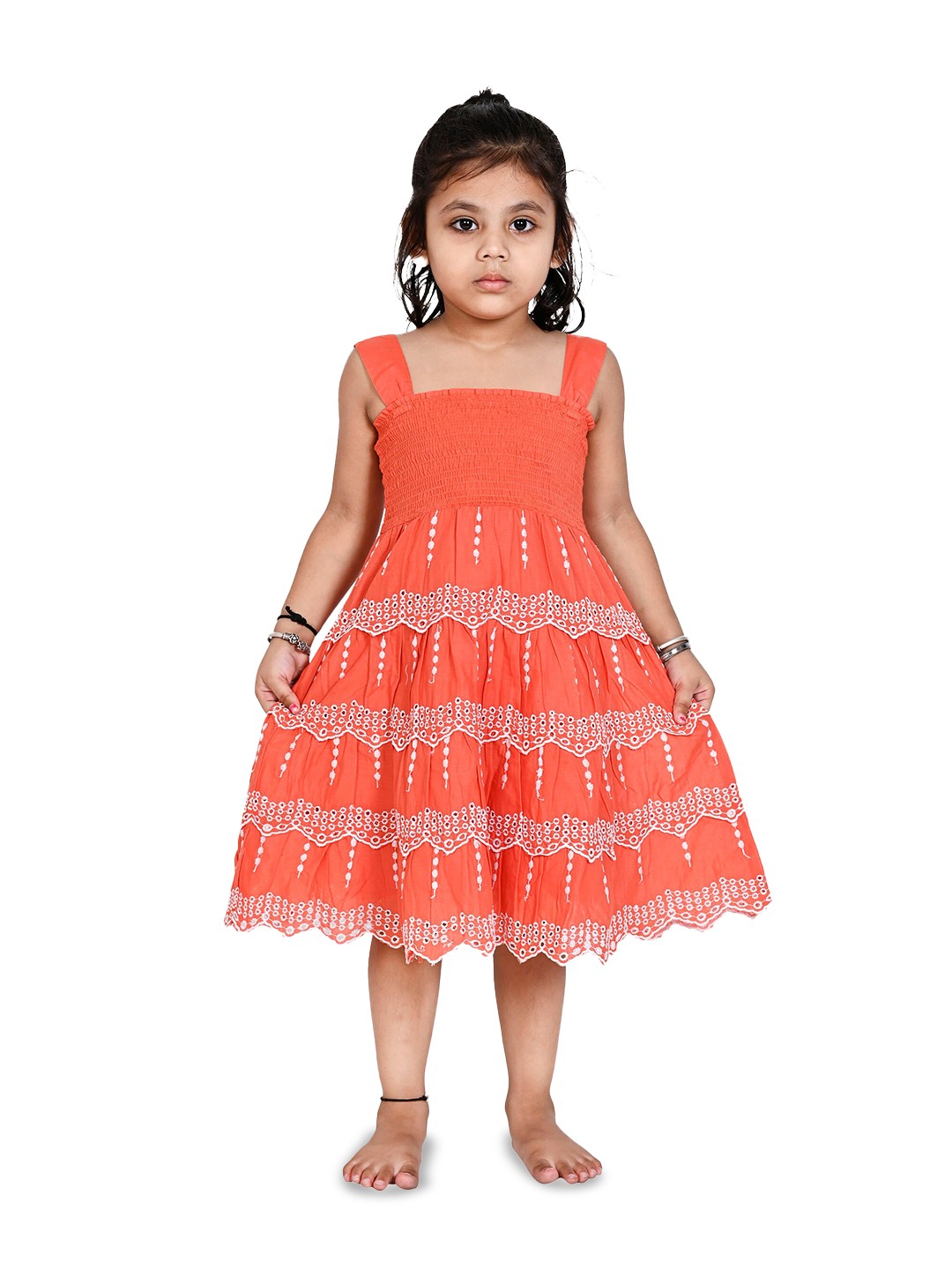 

Creative Kids Girls Self Designed Schiffli Smocked Cotton A-Line Dress, Orange