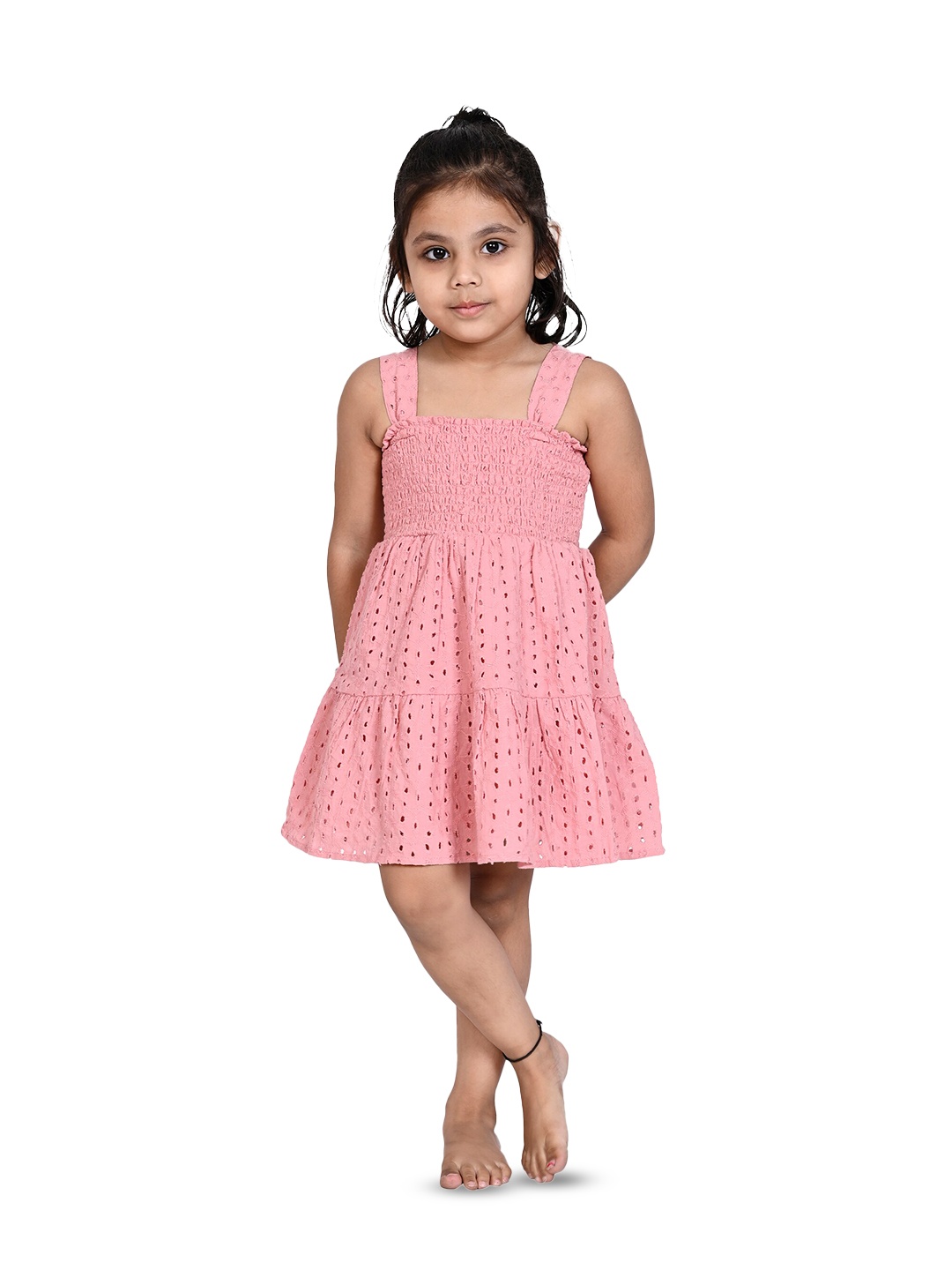 

Creative Kids Girls Self Designed Schiffli Smocked Cotton A-Line Dress, Pink