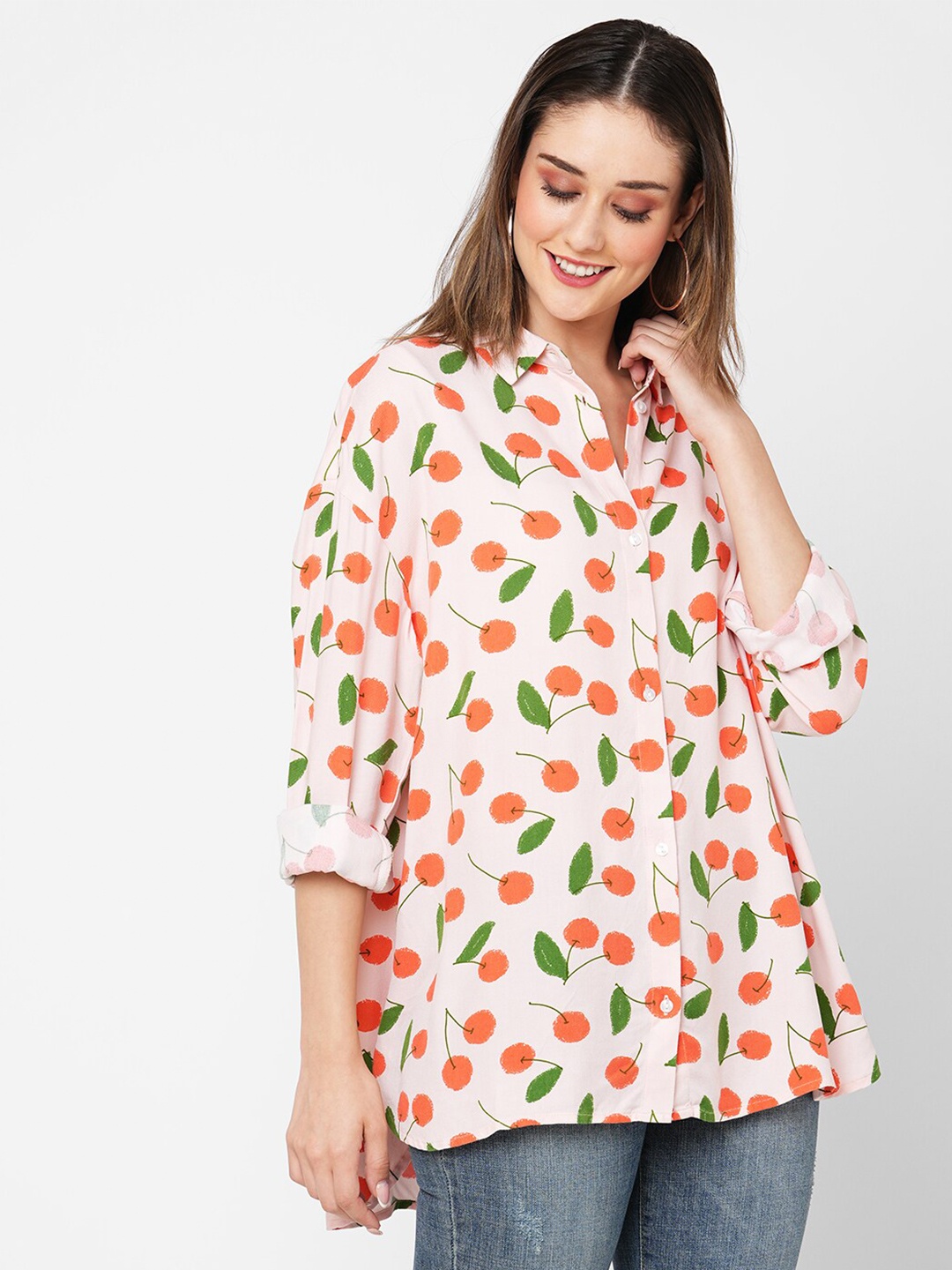 

VASTRADO Printed Cotton Oversized Casual Shirt, Peach