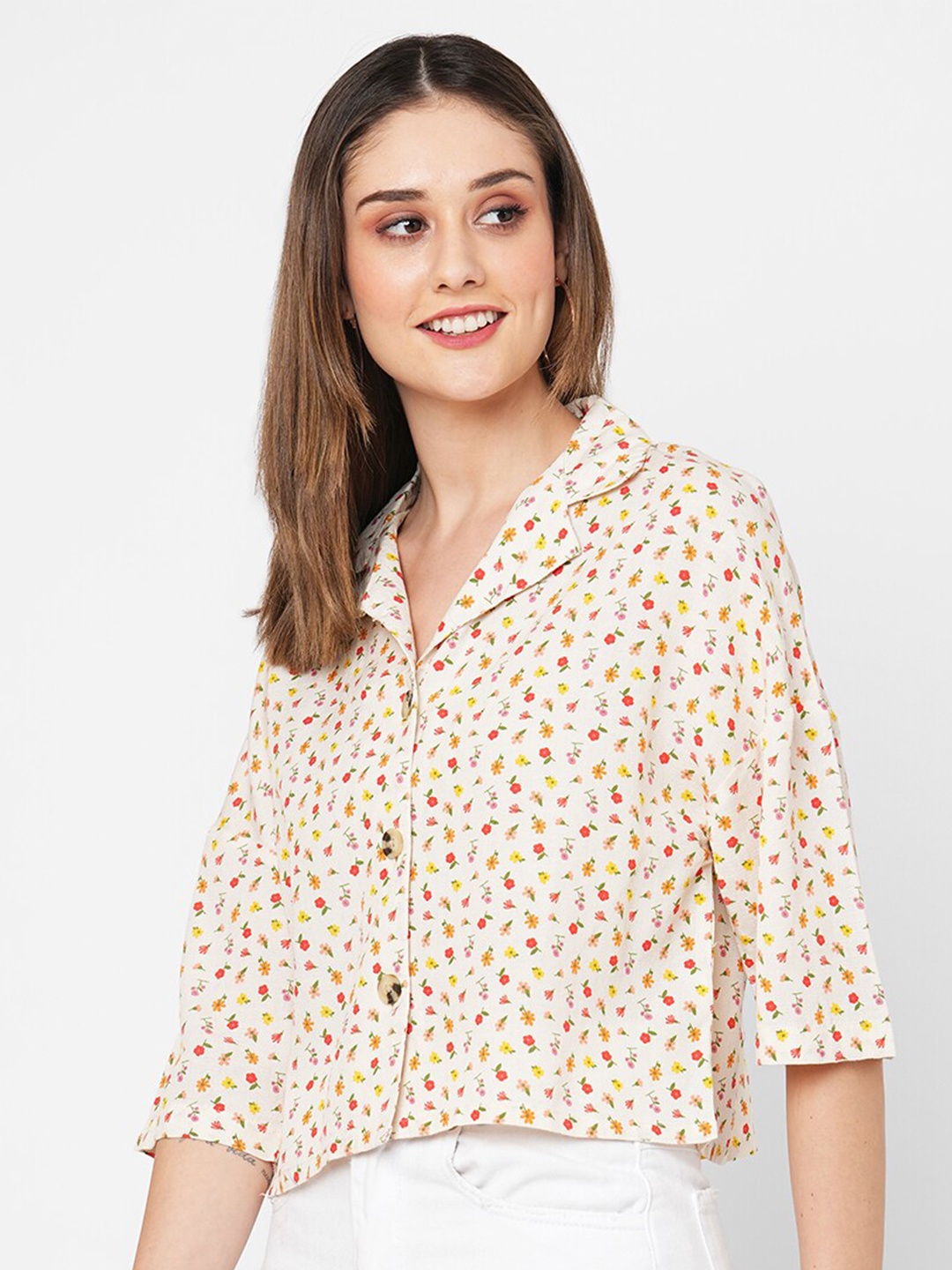 

VASTRADO Floral Printed Cotton Crop Casual Shirt, Yellow