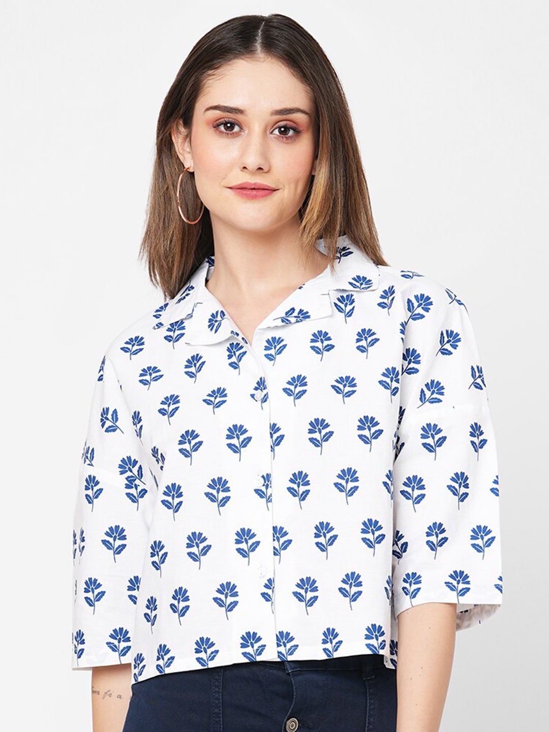 

VASTRADO Floral Printed Crop Shirt, White
