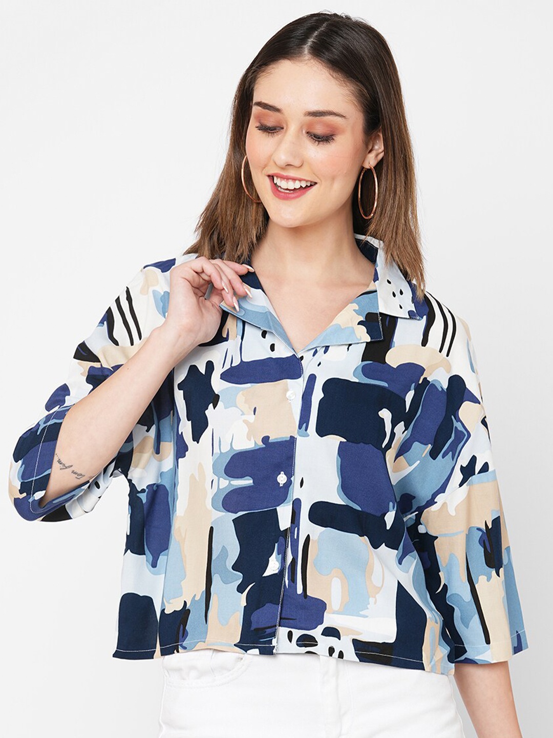 

VASTRADO Printed Crop Shirt, Blue