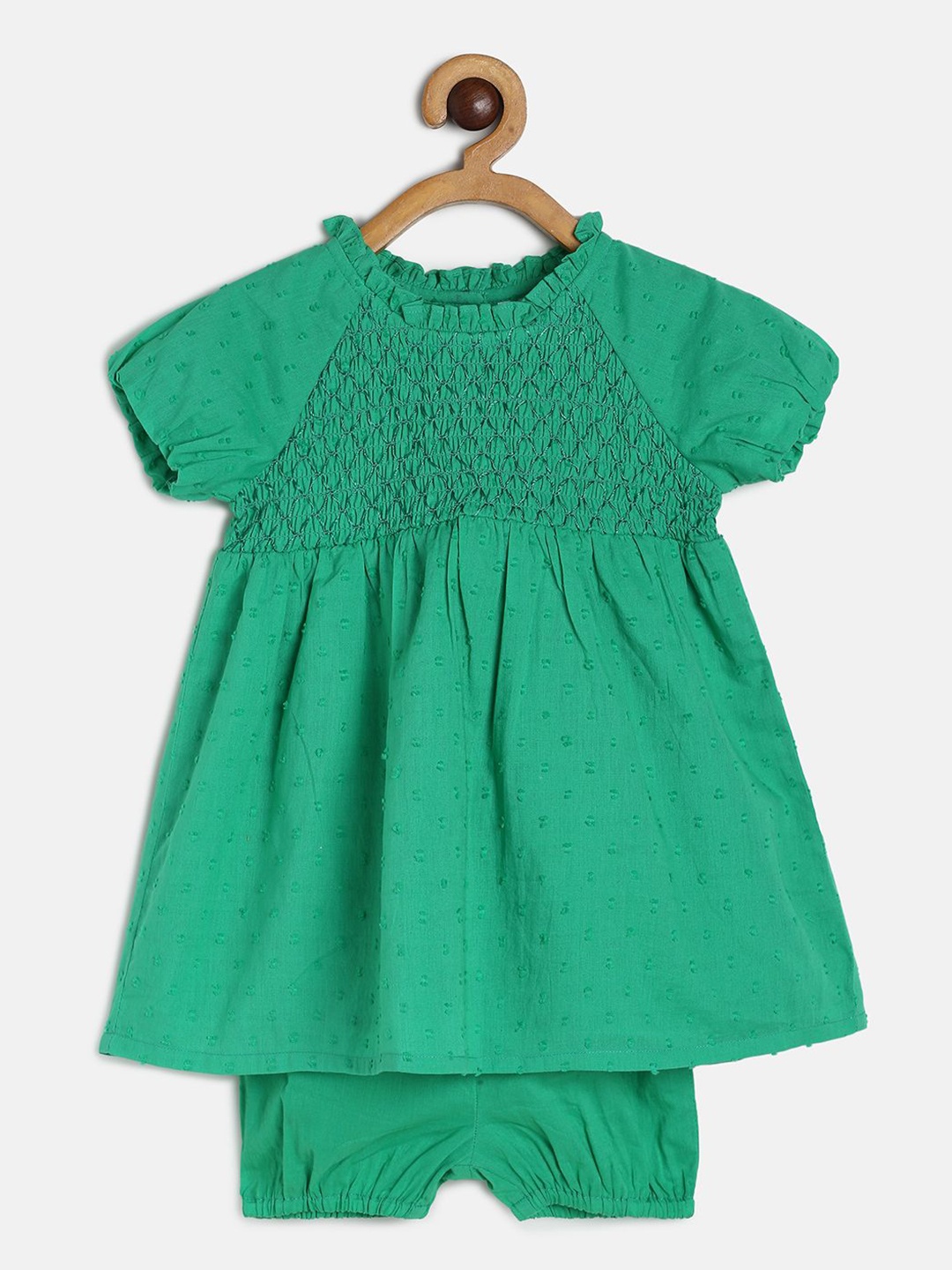 

MINI KLUB Infant Girls Self Design Puff Sleeves Smocked A-line Dress With Shorts, Green