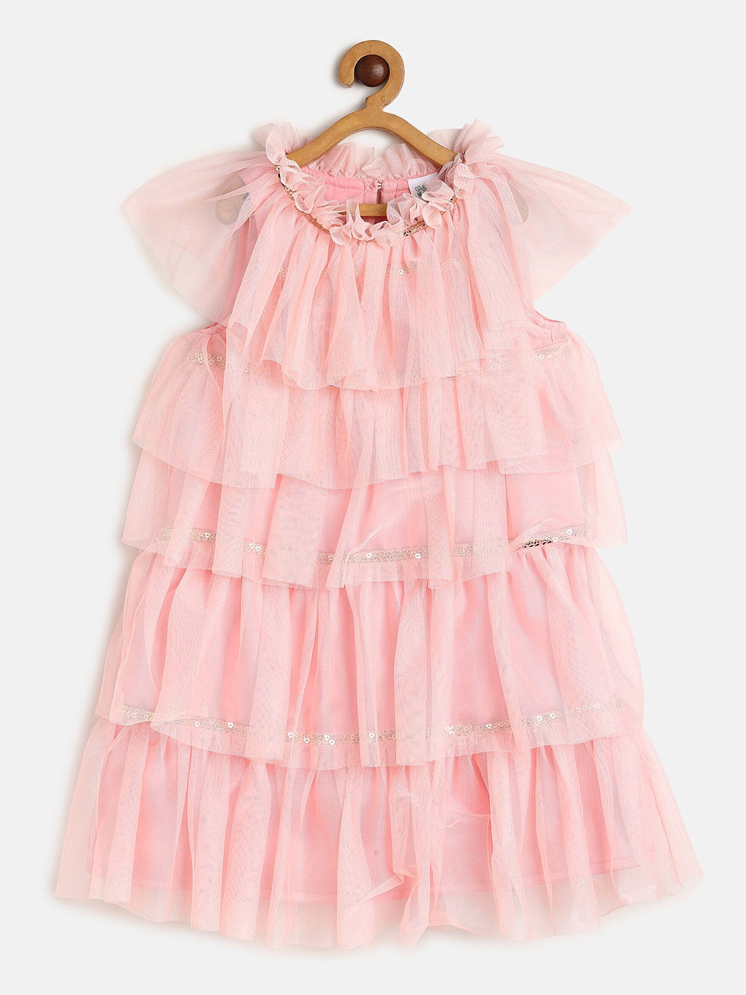 

MINI KLUB Girls Round Neck Sequinned Layered A-line Dress, Pink