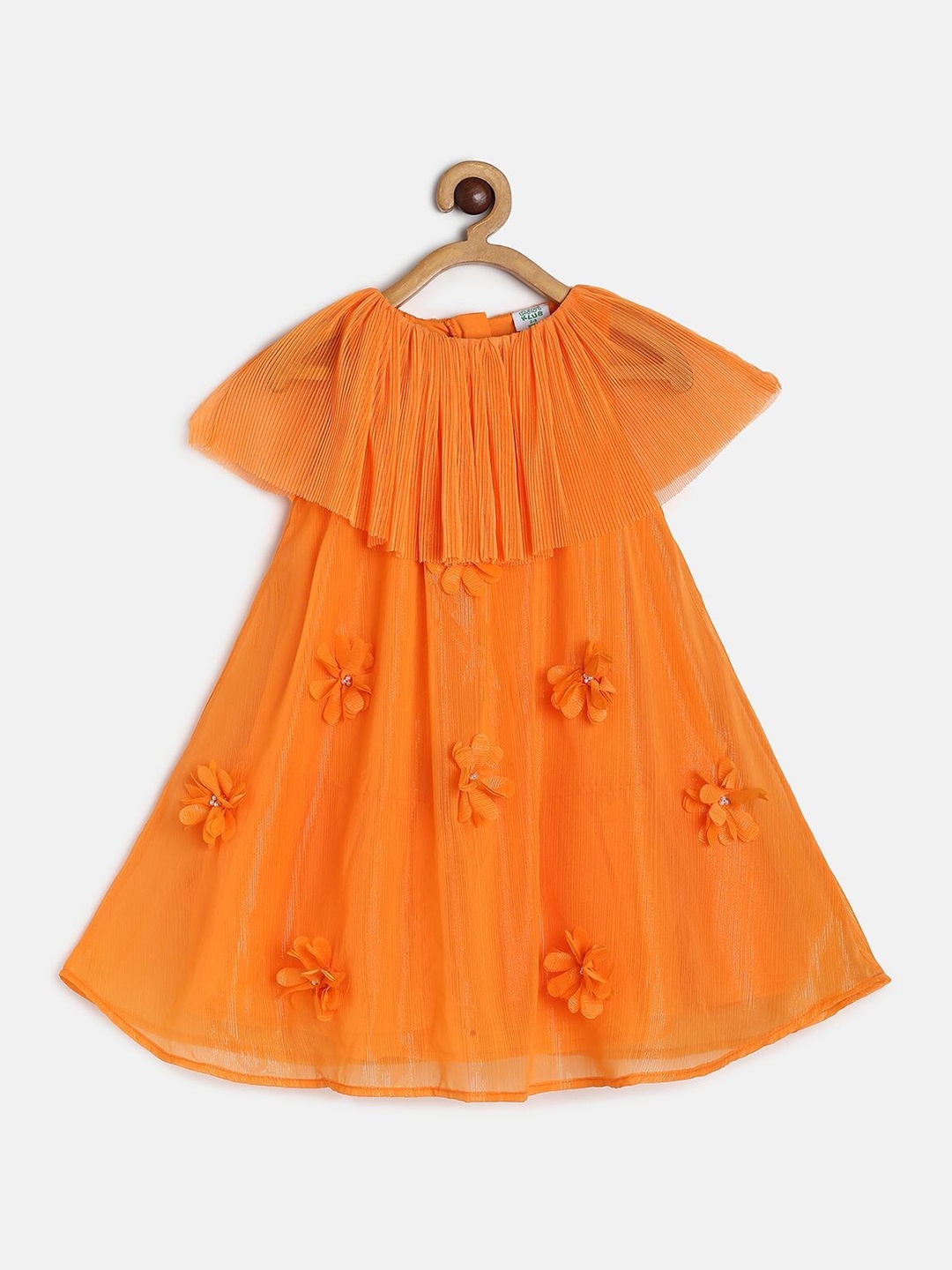 

MINI KLUB Girls Self Design Cape Sleeves Applique A Line Dress, Orange