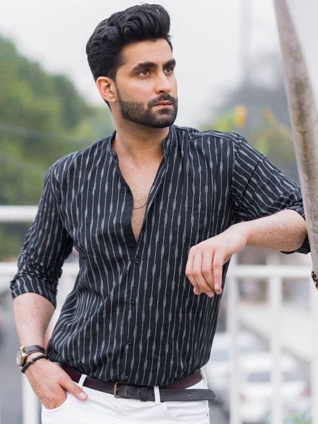 

INPE Men Comfort Slim Fit Striped Cotton Casual Shirt, Black