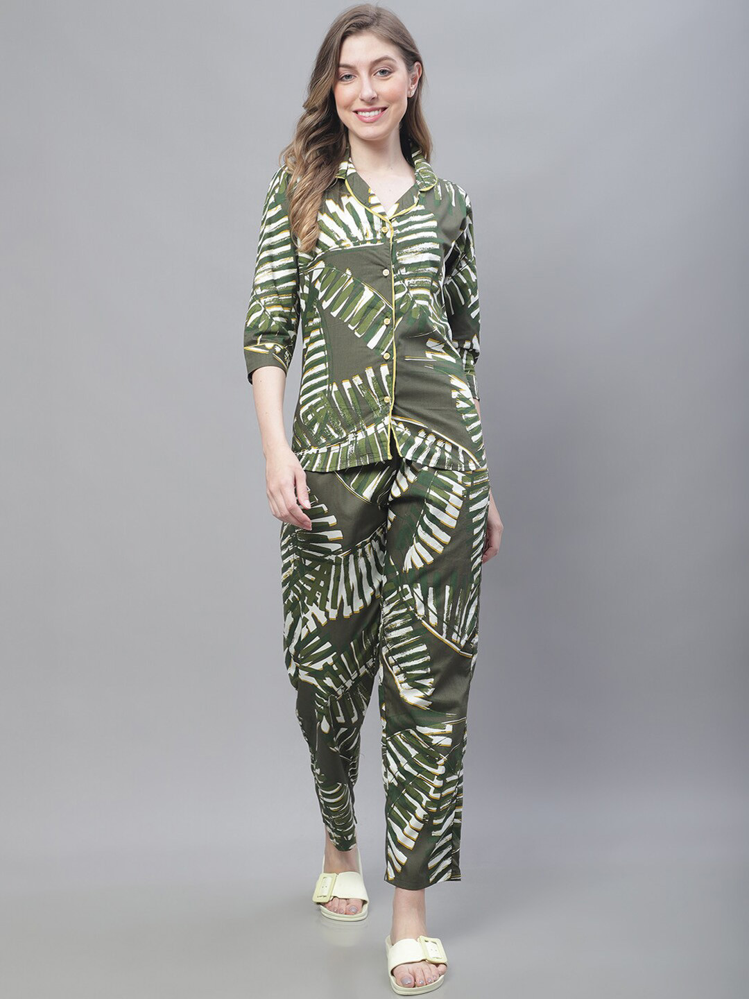

TAG 7 Tropical Printed Pure Cotton Shirt with Trousers, Olive