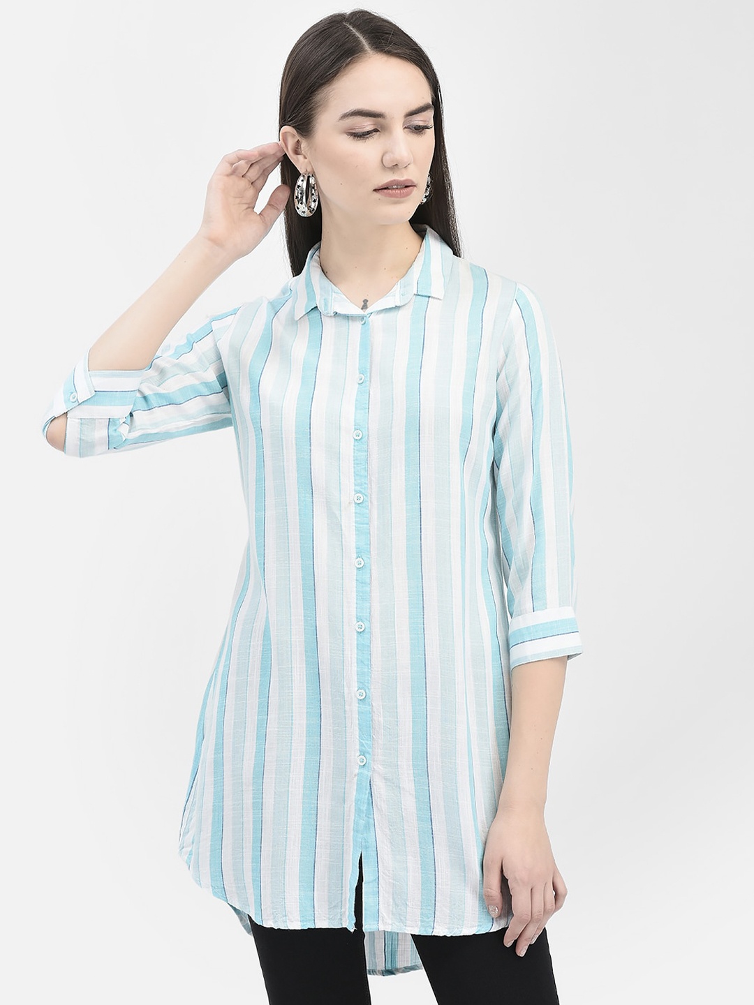 

Crimsoune Club Striped Slim Fit Opaque Longline Casual Shirt, Blue