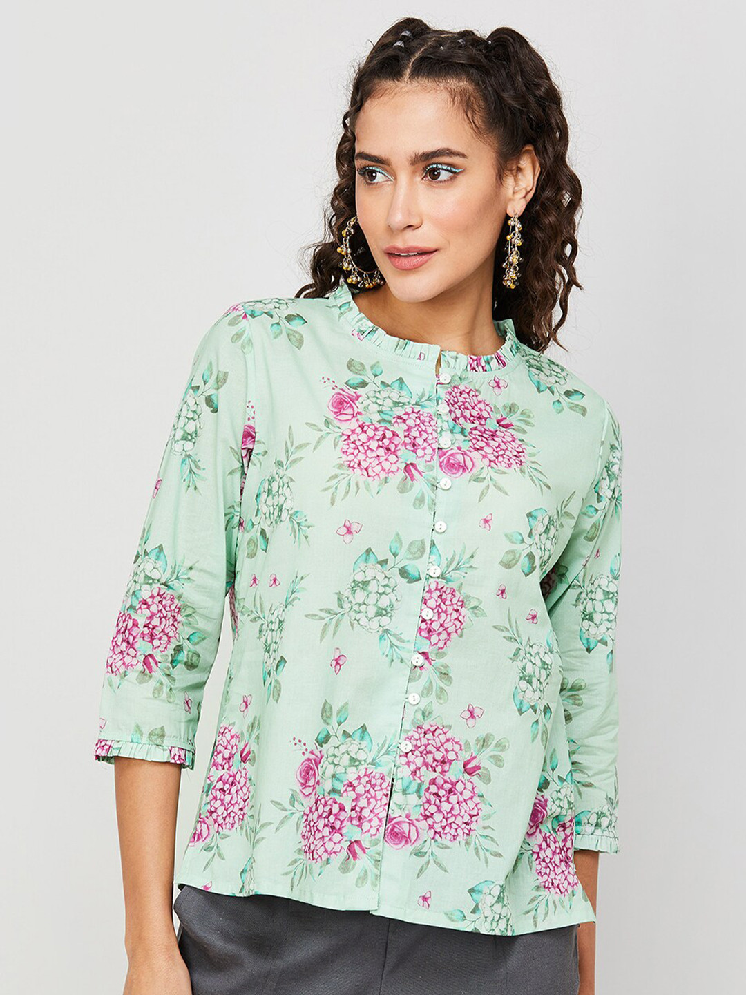 

Colour Me by Melange Floral Print Cotton Top, Green