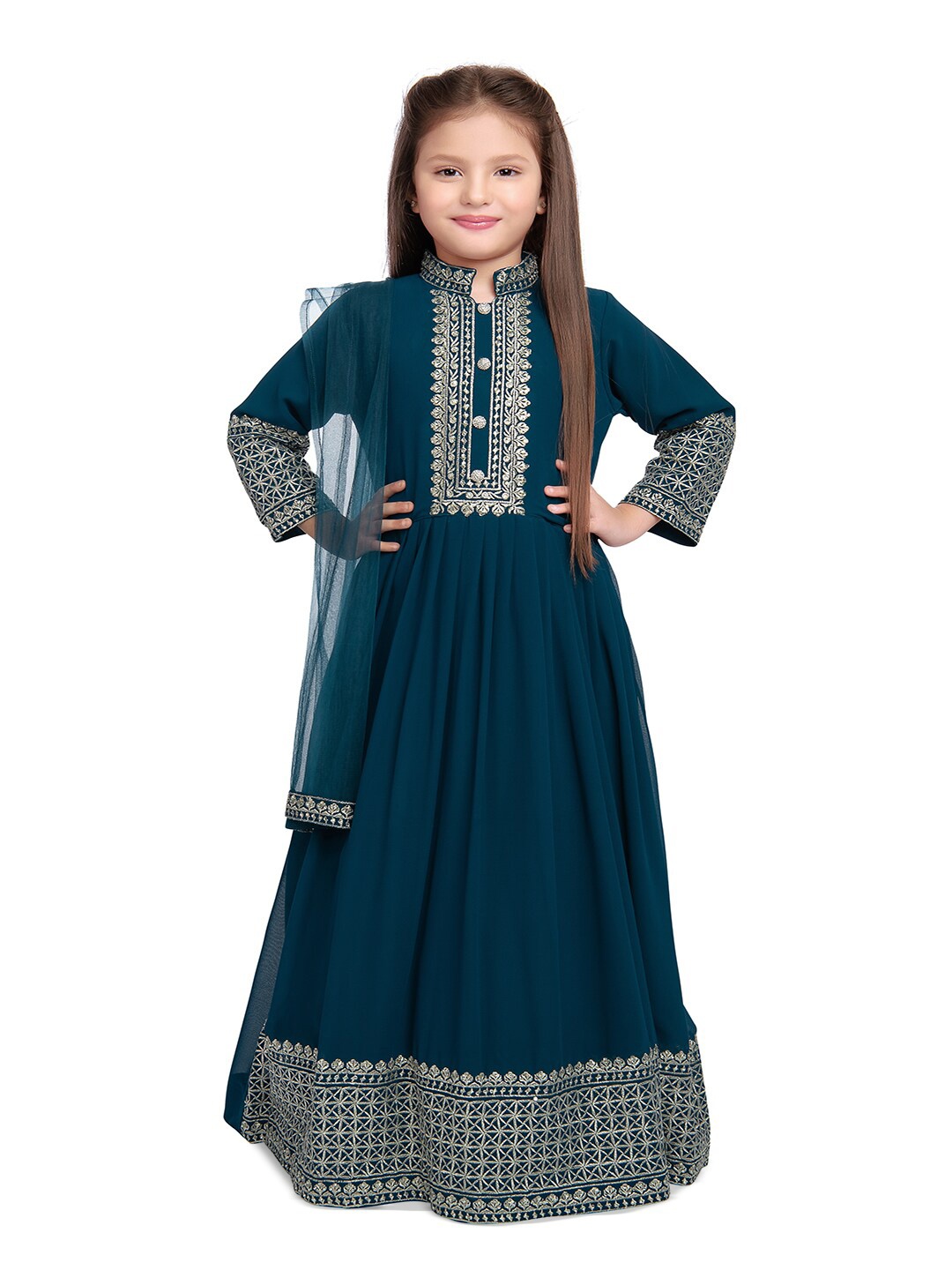 

Tiny Kingdom Girls Embellished & Embroidered Gown Ethnic Dress With Dupatta, Teal