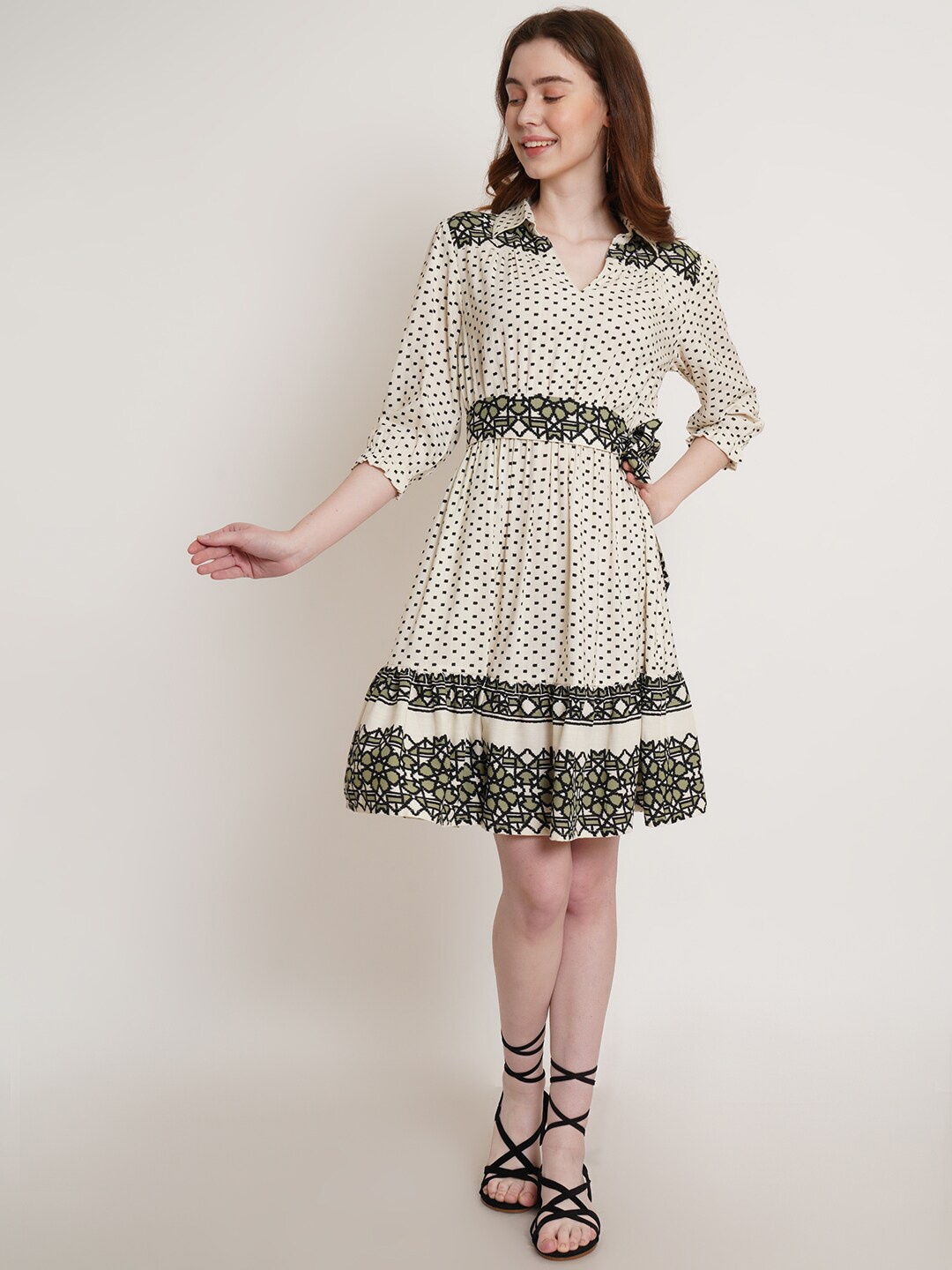 

Hive91 Geometric Printed Shirt Collar Puff Sleeves Cotton Fit & Flare Dress, Off white