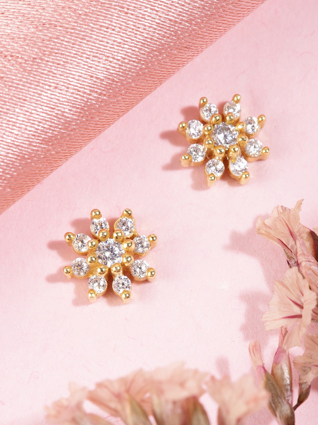 

Zavya Women Gold-Plated CZ Studded Sterling Silver Floral Studs Earrings