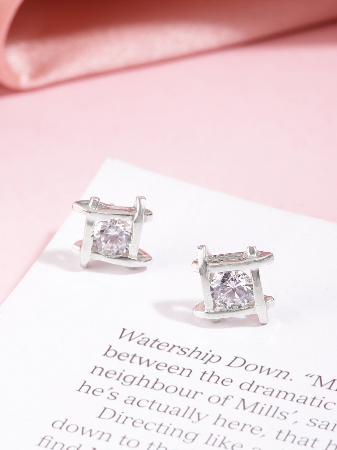 

Zavya Rhodium-Plated CZ Studded Sterling Silver Geometric Studs Earrings