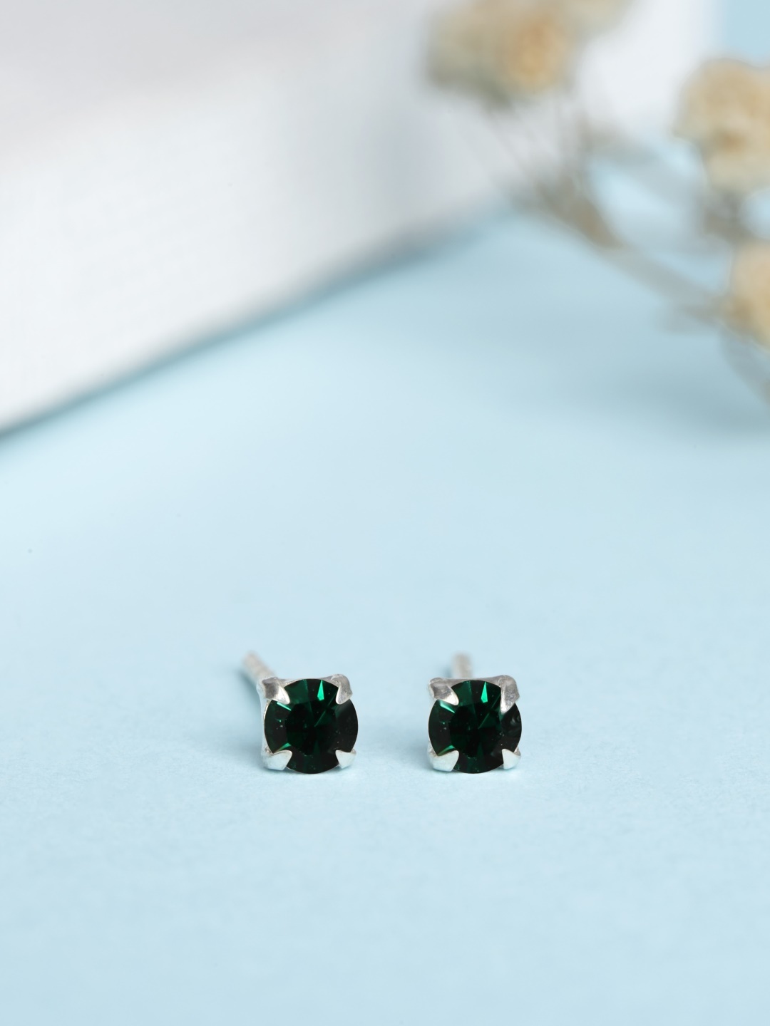 

Zavya Rhodium-Plated CZ Studded Sterling Silver Studs Earrings, Green