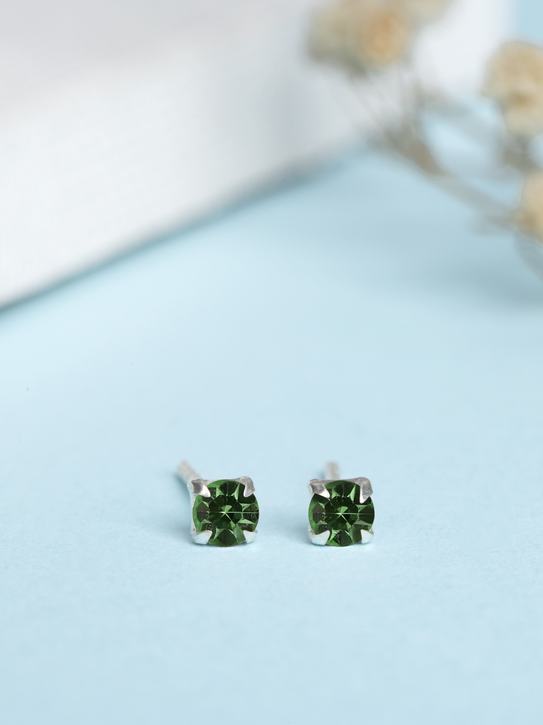 

Zavya Rhodium-Plated CZ Studded Sterling Silver Studs Earrings, Green