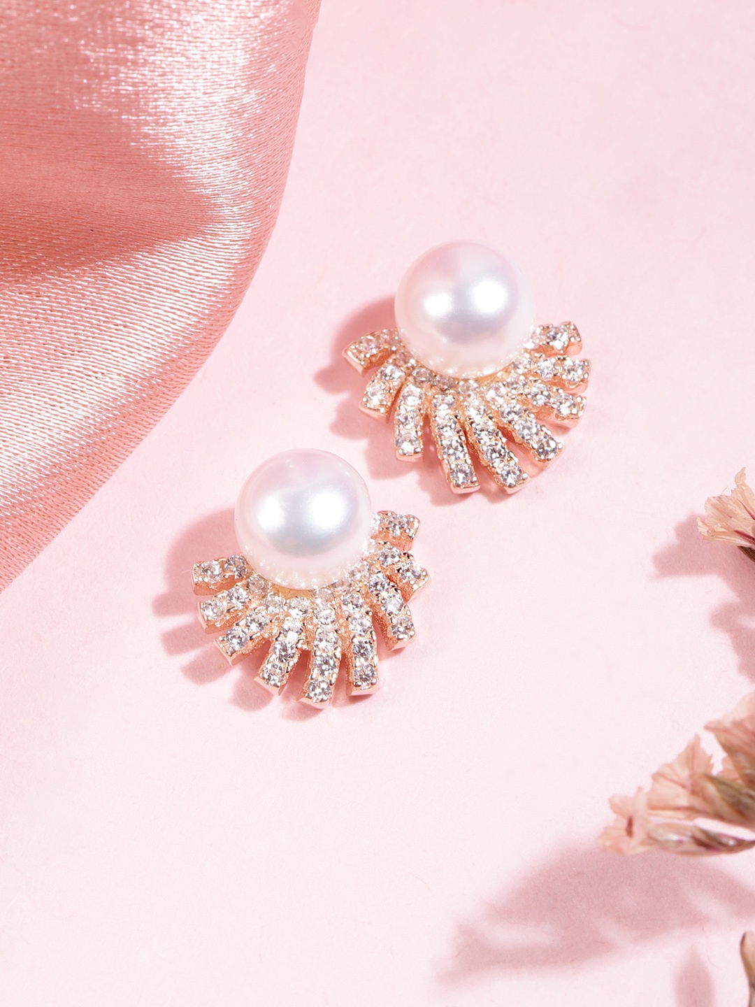 

Zavya Women Rose Gold-Plated Pearl Studded Sterling Silver Studs Earrings