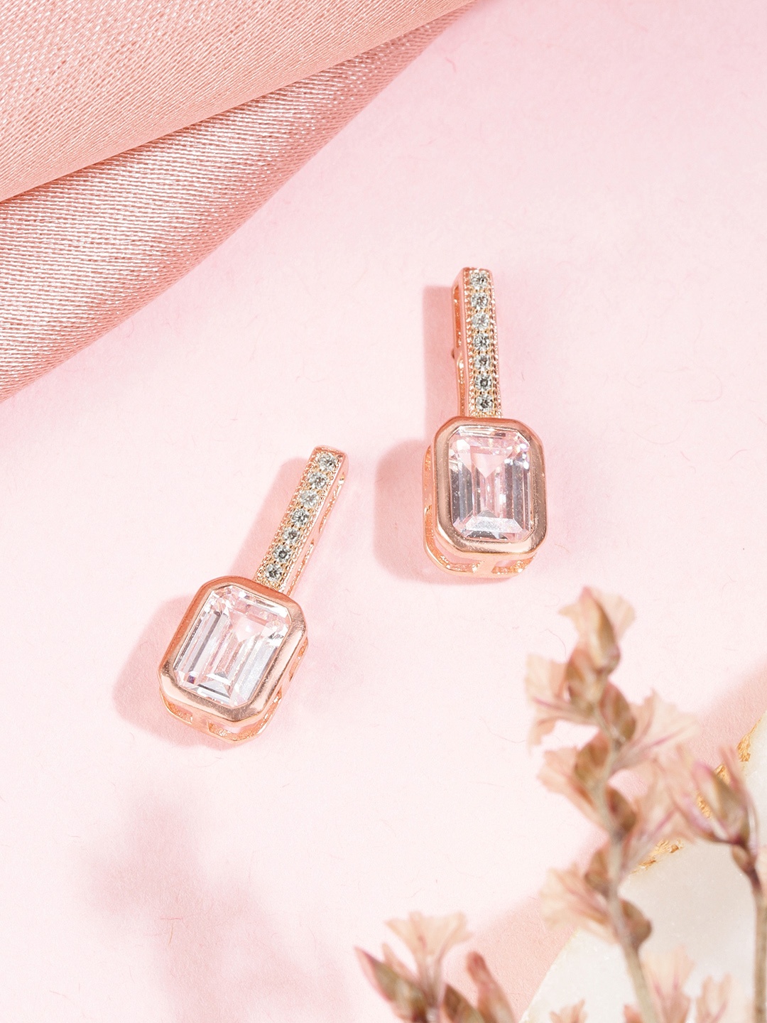 

Zavya Rose Gold-Plated CZ Studded Sterling Silver Geometric Drop Earrings
