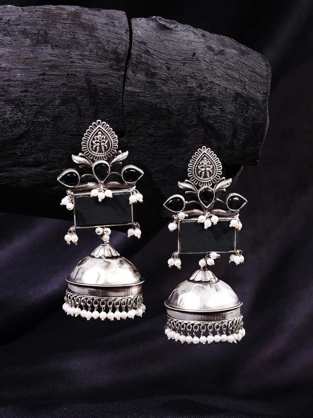 

ABDESIGNS Silver-Plated Dome Shaped Jhumkas Earrings