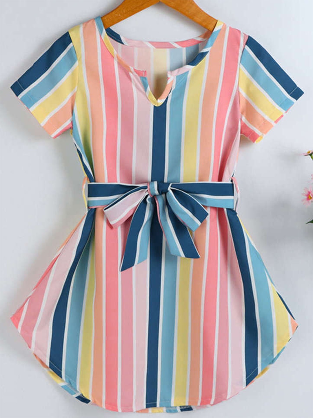 

ASPORA Girls Candy Striped Tie-Ups A-Line Dress, Navy blue