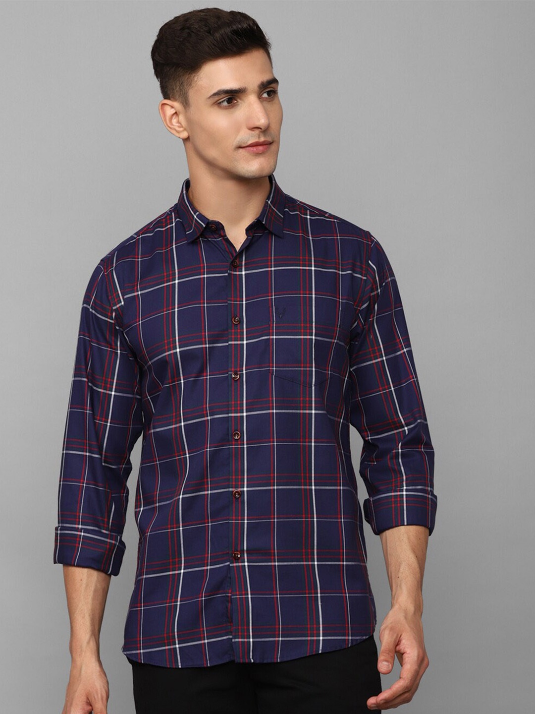 

Allen Solly Checked Slim Fit Windowpane Checks Opaque Pure Cotton Casual Shirt, Navy blue