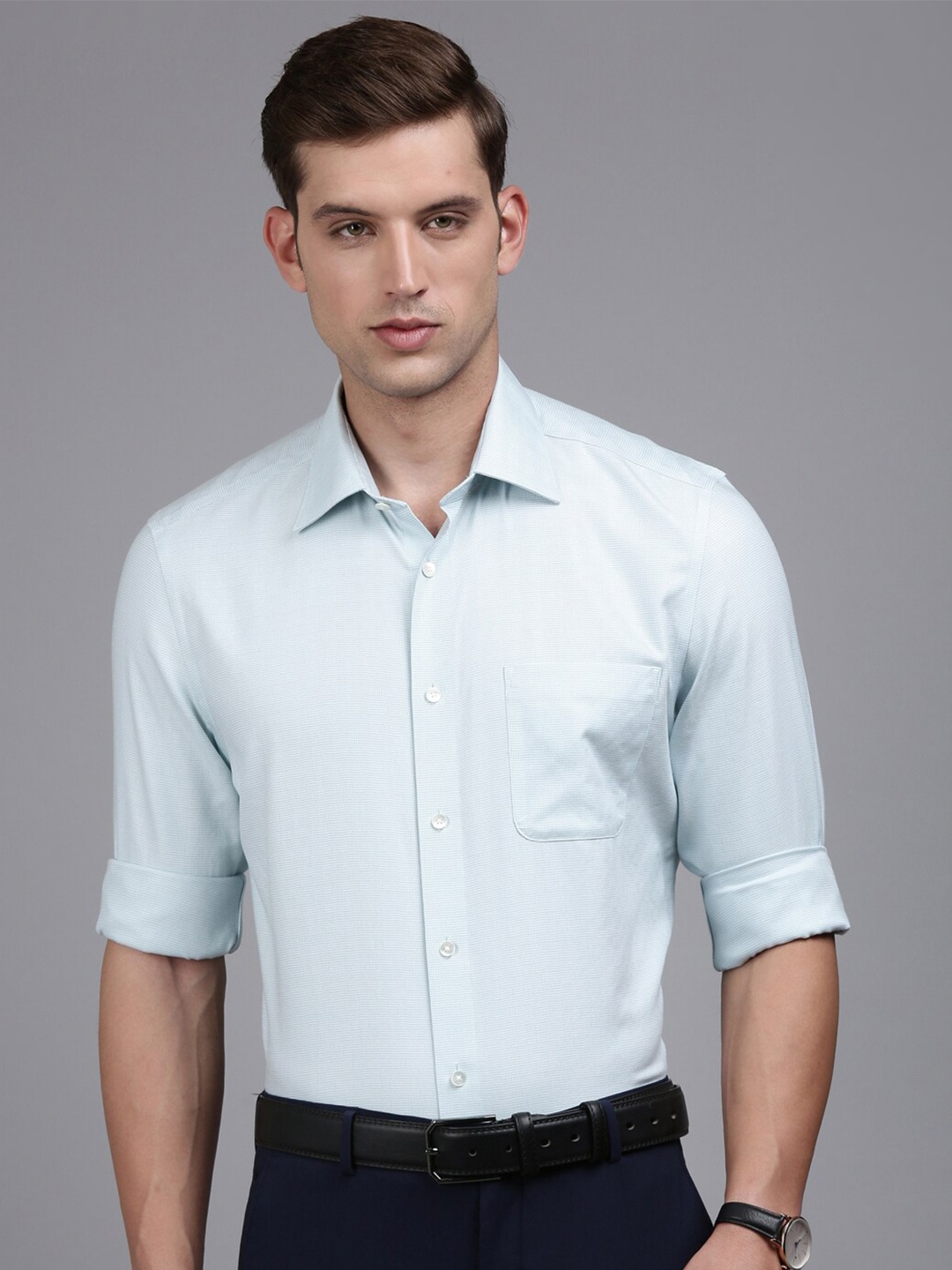 

Louis Philippe Permapress Self Design Opaque Pure Cotton Wrinkle Free Formal Shirt, Blue