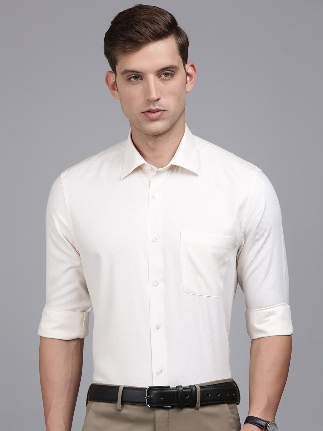 

Louis Philippe Self Design Opaque Pure Cotton Formal Shirt, Cream