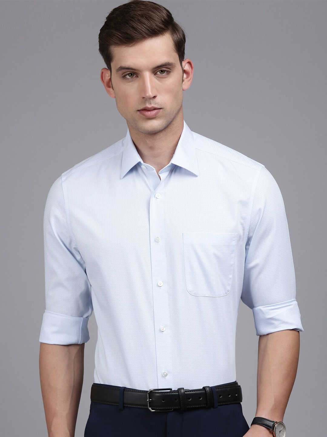 

Louis Philippe Permapress Self Design Opaque Pure Cotton Wrinkle Free Formal Shirt, Blue