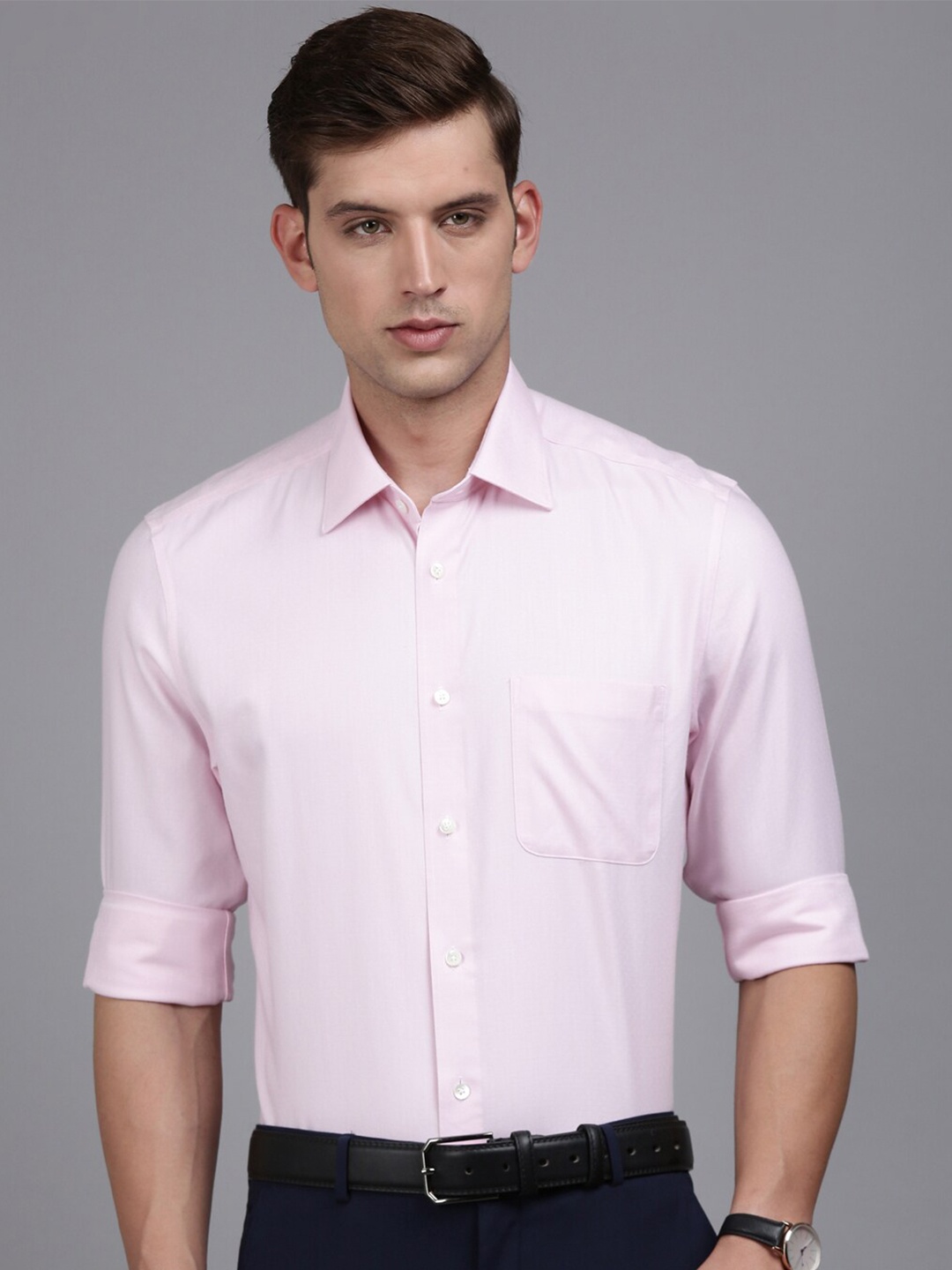 

Louis Philippe Permapress Self Design Opaque Pure Cotton Wrinkle Free Formal Shirt, Pink