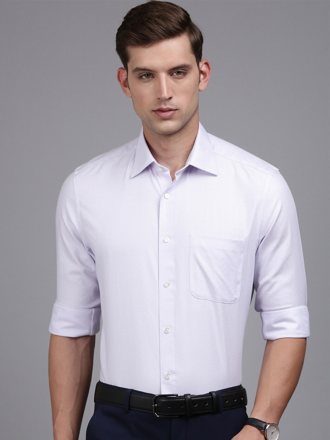 

Louis Philippe Horizontal Striped Opaque Pure Cotton Formal Shirt, Purple