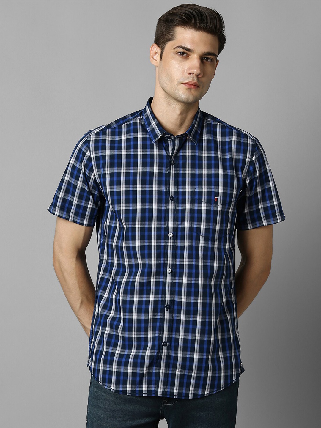 

Louis Philippe Sport Slim Fit Tartan Checked Opaque Pure Cotton Casual Shirt, Navy blue