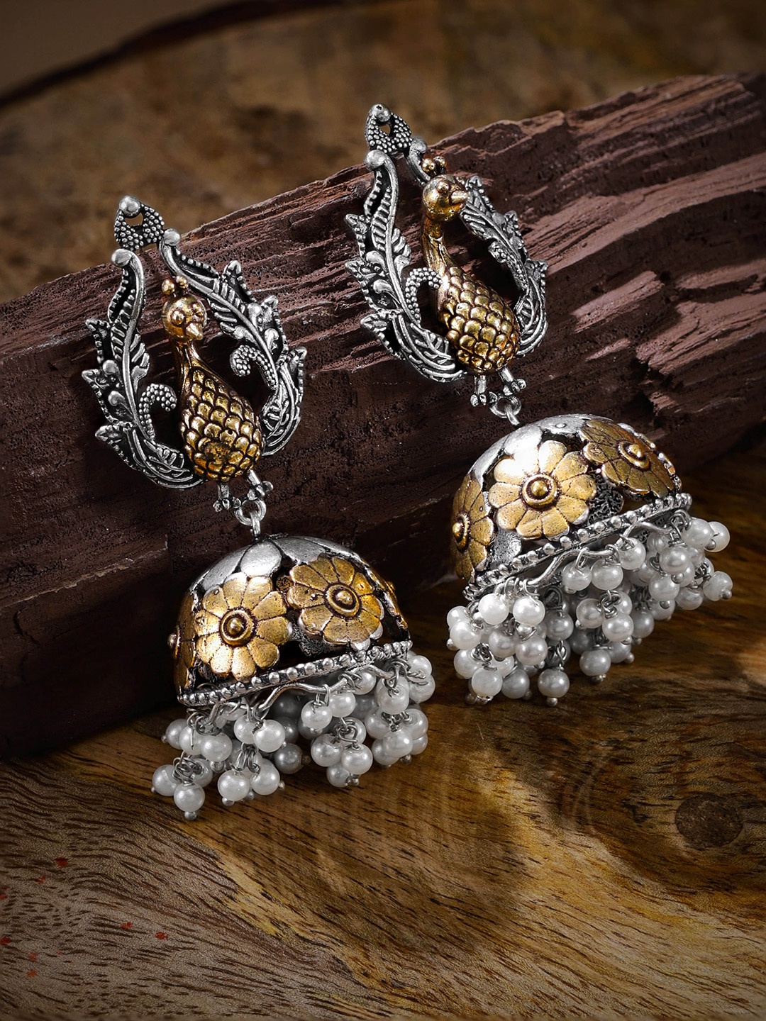 

Rubans Silver-Plated Beaded Oxidized Dome Shaped Jhumkas